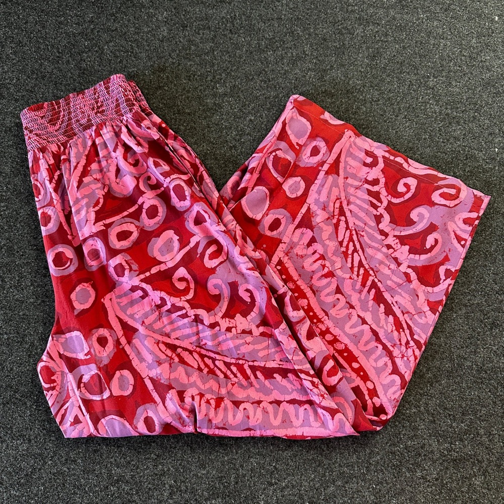 Sundance Red Pink Batik Print Wide Leg Smocked Waist Pants Large Boho India